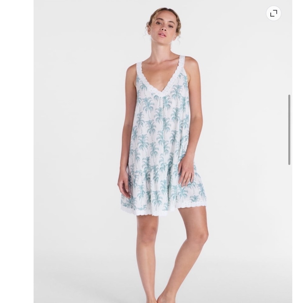 Joyspun Womens Cotton Palm Tree Print Nightgown White Teal Eyelet Trim XS 0-2